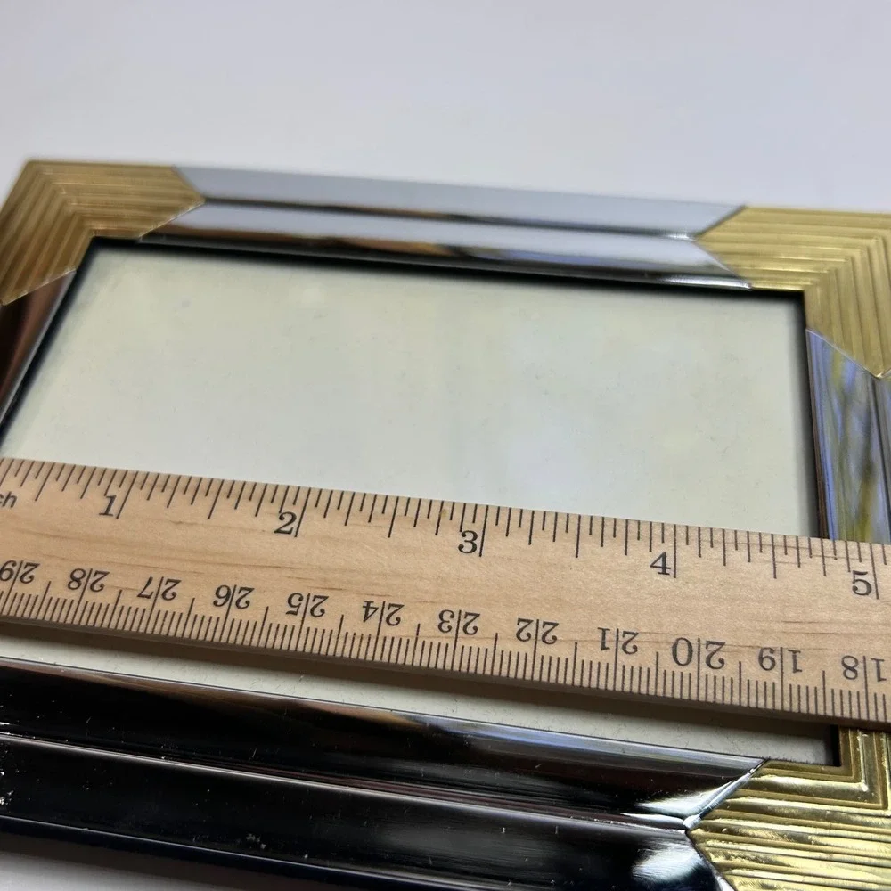 Vintage Art Deco Mixed Metal Picture Frame Gold Silver Ribbed Geometric 5x7